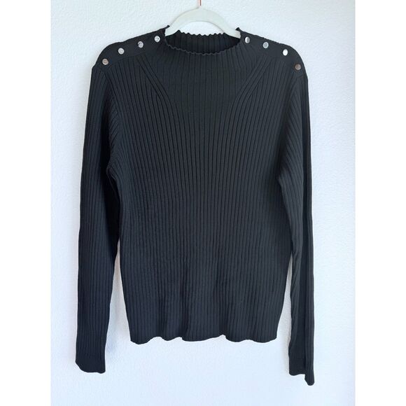St John Women's Black Knit Ribbed Mock Neck Long Sleeve Top with Button Shoulder - Picture 2 of 8